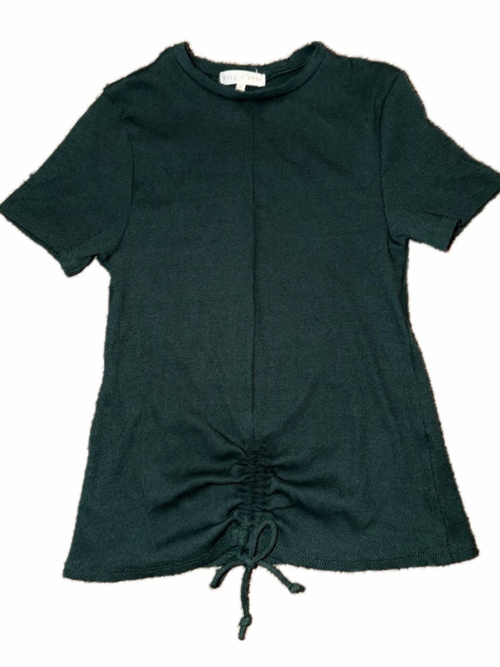 Fitz & Eddie Forest Green Ribbed Short Sleeve Drawstring Top - Women